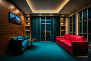 en hotell rum med blå matta och röd soffor. ai-genererad foto