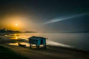 en små hydda sitter på de Strand av en sjö på solnedgång. ai-genererad foto