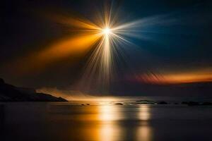 en ljus ljus lyser över de hav på natt. ai-genererad foto