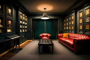 en rum med en röd läder soffa och bilder på de vägg. ai-genererad foto