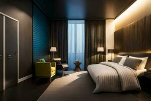 en hotell rum med en säng, stol och lampa. ai-genererad foto
