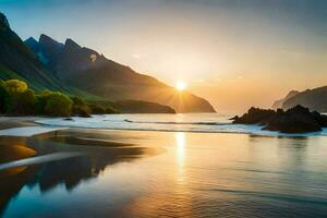 de Sol stiger över en strand och berg. ai-genererad foto