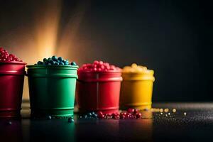färgrik hinkar av godis på en mörk bakgrund. ai-genererad foto