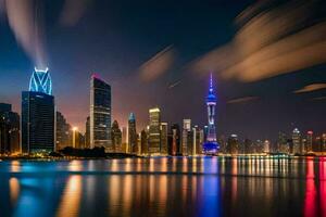 de shanghai horisont på natt med lampor reflekterande av de vatten. ai-genererad foto