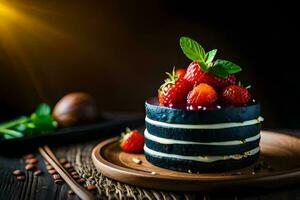 en svart kaka med jordgubbar och mynta. ai-genererad foto