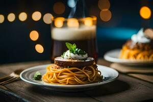 spaghetti med köttbullar och en öl. ai-genererad foto