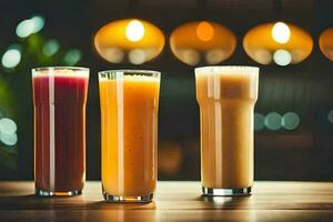 tre annorlunda typer av juicer är fodrad upp på en tabell. ai-genererad foto