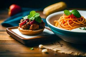spaghetti med köttbullar och tomat sås. ai-genererad foto