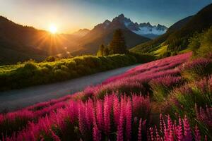 de Sol stiger över de bergen och blommor i de förgrund. ai-genererad foto