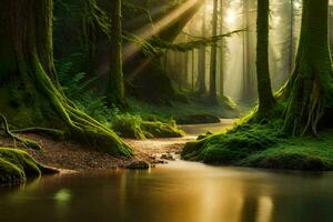 vägg konst - fotografera - skog i de morgon- förbi Jonathan kennedy. ai-genererad foto