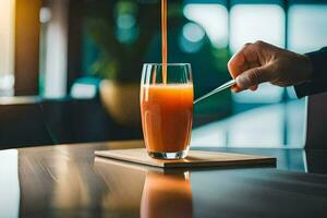 en person är innehav en sked över en glas av orange juice. ai-genererad foto