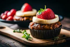 två muffins med jordgubbar på topp. ai-genererad foto
