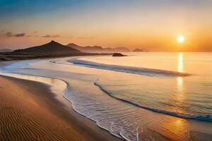 de Sol stiger över de hav och de sand. ai-genererad foto