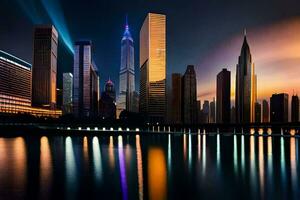 en stad horisont på natt med lampor reflekterande av de vatten. ai-genererad foto