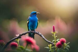 en blå fågel är uppflugen på en gren med rosa blommor. ai-genererad foto