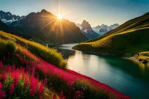 de Sol stiger över en sjö och blommor i de berg. ai-genererad foto