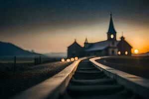 en tåg Spår leder till en kyrka på solnedgång. ai-genererad foto