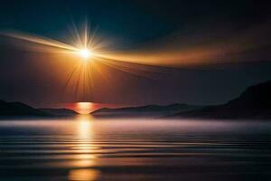 soluppgång över de sjö, berg, vatten, berg, hd tapet. ai-genererad foto
