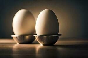 två ägg i en skål på en tabell. ai-genererad foto