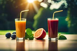 två glasögon av juice med frukt och bär. ai-genererad foto