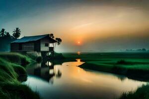 en små hus sitter på de kant av en flod på solnedgång. ai-genererad foto