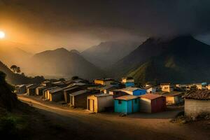 en by i de bergen med en Sol miljö Bakom Det. ai-genererad foto