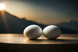 två ägg på en tabell i främre av en berg. ai-genererad foto