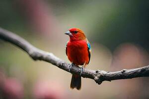 en röd fågel Sammanträde på en gren. ai-genererad foto