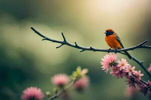 Foto tapet de fågel, blommor, vår, de Sol, natur, fåglar, vår, de. ai-genererad