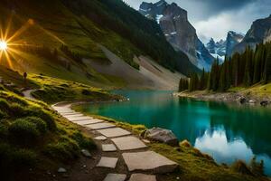 en väg leder till en sjö i de berg. ai-genererad foto