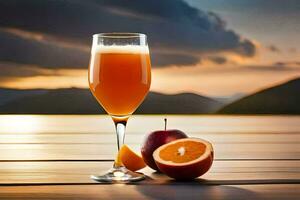 en glas av orange juice med ett äpple på en tabell. ai-genererad foto