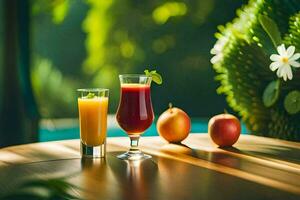 två glasögon av juice och ett äpple på en tabell. ai-genererad foto