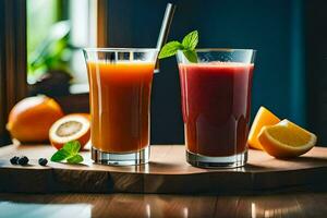 två glasögon av juice med apelsiner och mynta löv. ai-genererad foto