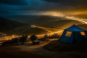 en camping tält på en sluttning på natt. ai-genererad foto
