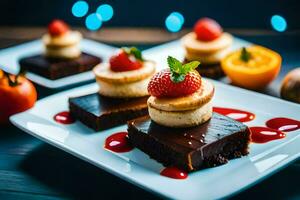tre choklad desserter med jordgubbar och choklad sås. ai-genererad foto