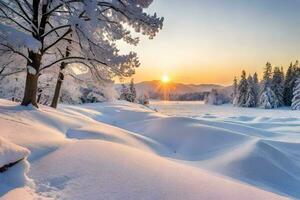 snö täckt träd och de Sol miljö över en snöig landskap. ai-genererad foto