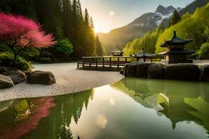 Foto tapet de himmel, berg, träd, vatten, bro, Japan, de trädgård,. ai-genererad