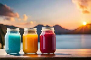 tre burkar av juice på en tabell med en solnedgång i de bakgrund. ai-genererad foto