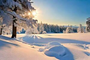 snö täckt träd och de Sol lysande i de bakgrund. ai-genererad foto