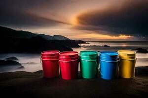 fyra färgrik hinkar sitta på de strand på solnedgång. ai-genererad foto