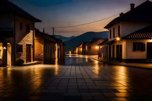 en gata på natt med lampor på de byggnader. ai-genererad foto