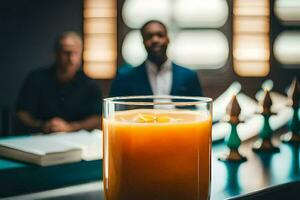 en glas av orange juice Sammanträde på en bar. ai-genererad foto