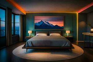 en sovrum med en stor målning på de vägg. ai-genererad foto