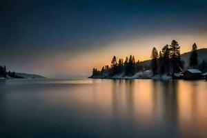 en sjö på solnedgång med träd och en stuga. ai-genererad foto