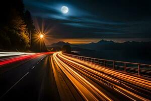 en lång exponering Foto av en motorväg på natt med en full måne. ai-genererad