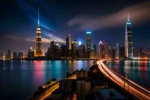 de stad horisont i shanghai på natt. ai-genererad foto