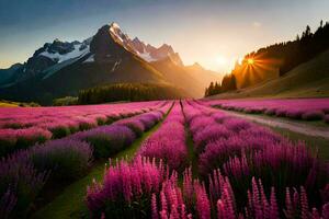 de Sol stiger över en lavendel- fält i de berg. ai-genererad foto