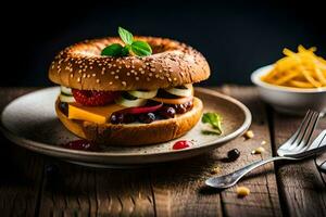 en bagel med ost, frukt och grönsaker på Det. ai-genererad foto