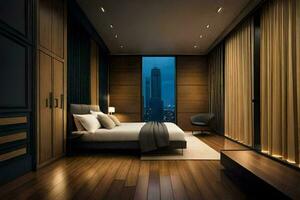 en sovrum med trä- golv och en stad se. ai-genererad foto