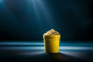 en hink av popcorn på en mörk bakgrund. ai-genererad foto